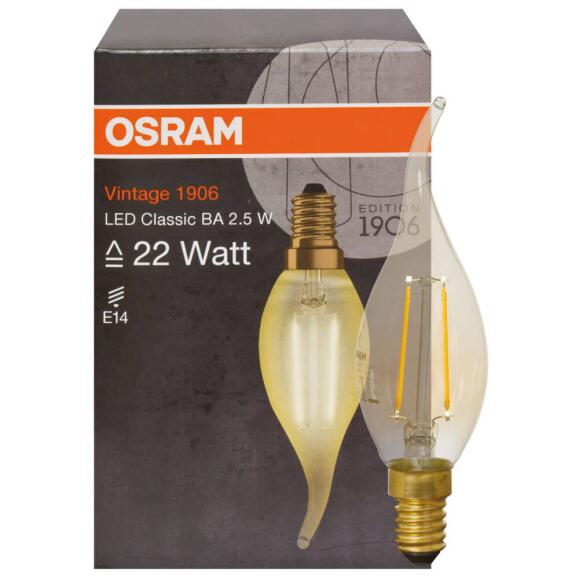 LED-Filamentlampe Windstoß Kerze  E14/2,5W-2500K, gold, VINTAGE 1906 CL BA