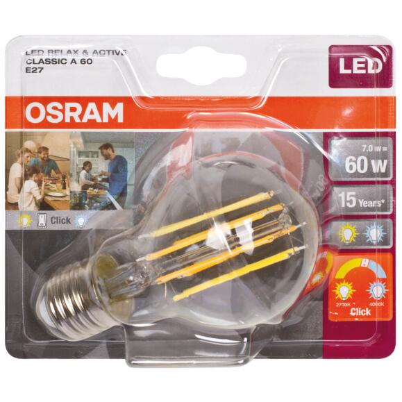 LED-Filament-Lampe E27 PARATHOM CLASSIC A RELAX  ACTIV AGL-Form klar 7W (60W), 806 lm, 2700K + 4000K