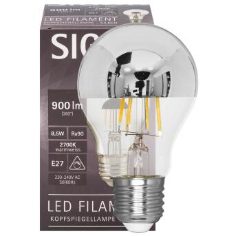 LED-Filament-Lampe, AGL-Form, Spiegelkopf silber, E27, 2700K