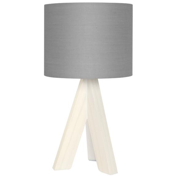 Tischleuchte Ging  Holzfuß weiß Textilschirm grau 31,5cm Höhe E14