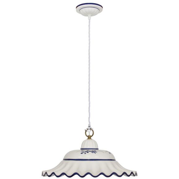 Keramische hanglamp Ø40 cm wit met bloempatroon blauwe textielkabel wit